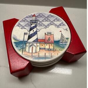 Vintage Jim Shore Sandstone Lighthouse Coaster Set of 4 with Red Holder